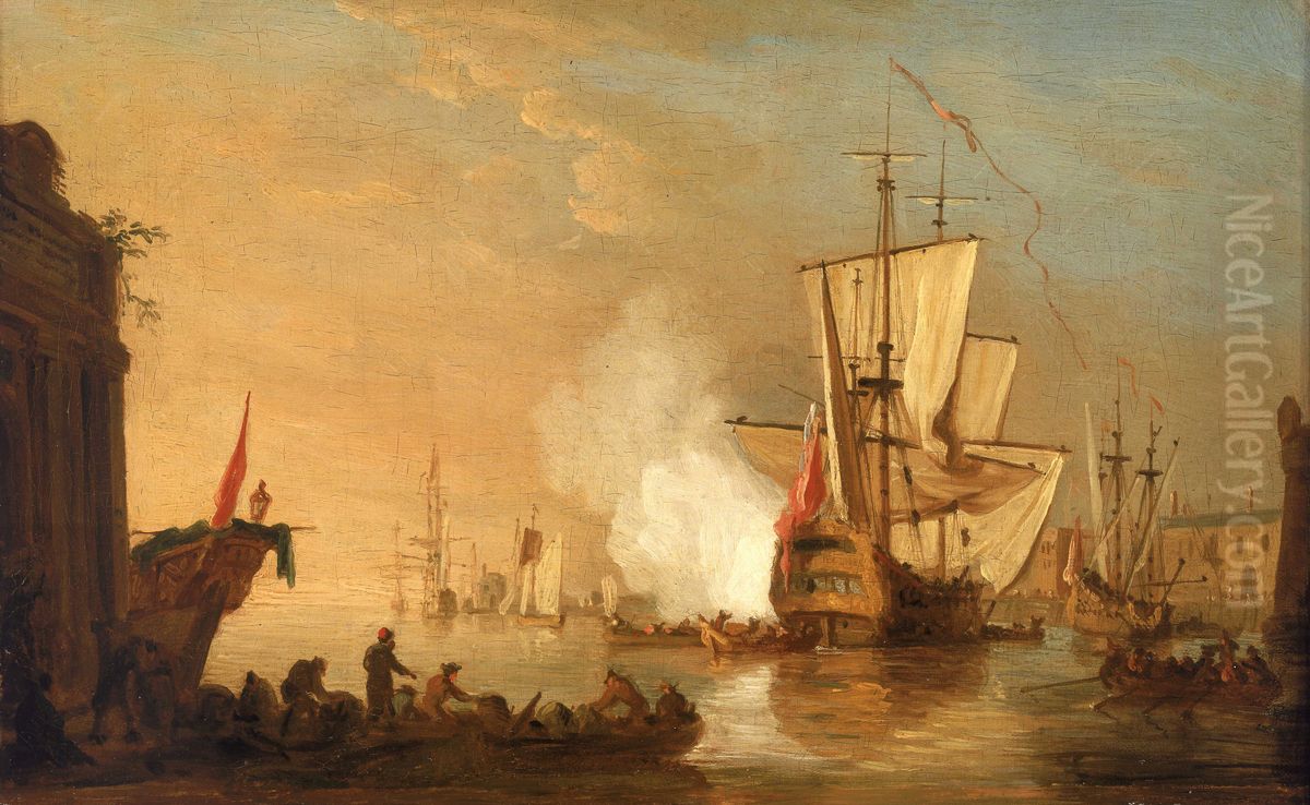 An English Man-of-War Firing a Salute Oil Painting by Samuel Scott