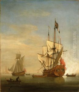 An English Sixth-Rate Ship Firing a Salute As a Barge Leaves; A Royal Yacht Nearby An English Sixth-Rate Ship Firing a Salute As a Barge Leaves; A Royal Yacht Nearby