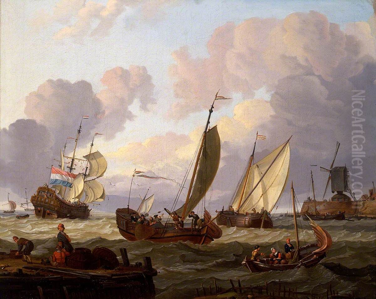 Ships Passing a Windmill Oil Painting by Abraham Storck