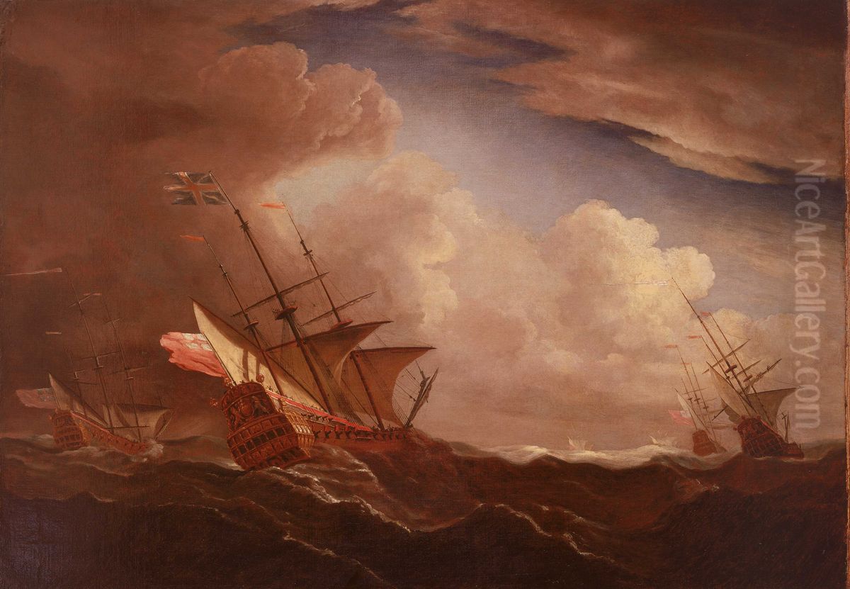 English Ships at Sea Beating to Windward in a Gale Oil Painting by Willem van de Velde the Younger