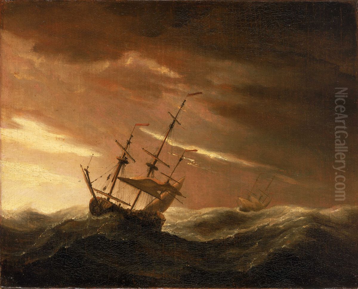 An English Ship at Sea Lying-To in a Gale Oil Painting by Willem van de Velde the Younger