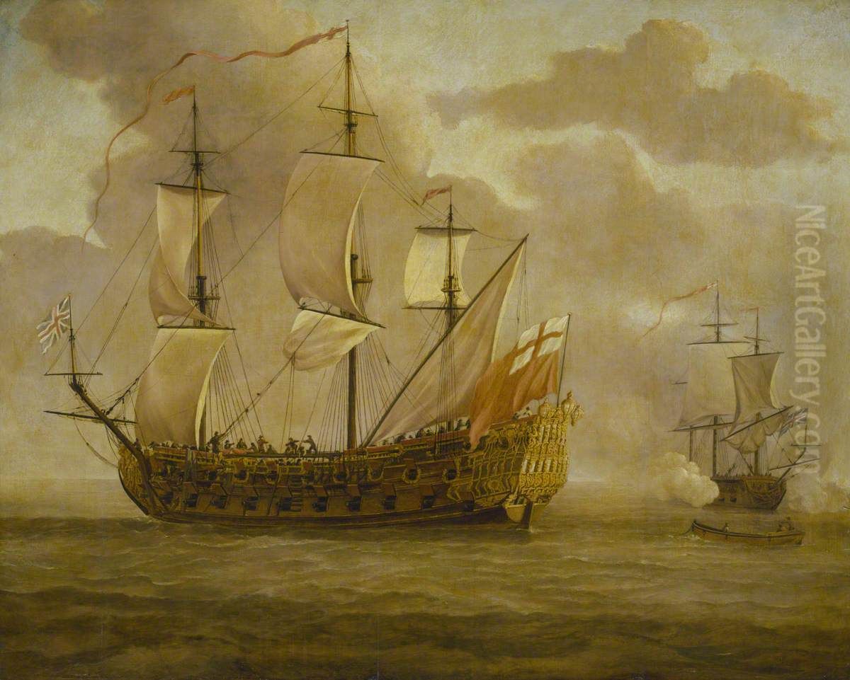 HMS Woolwich before a light breeze Oil Painting by Willem van de, the Elder Velde