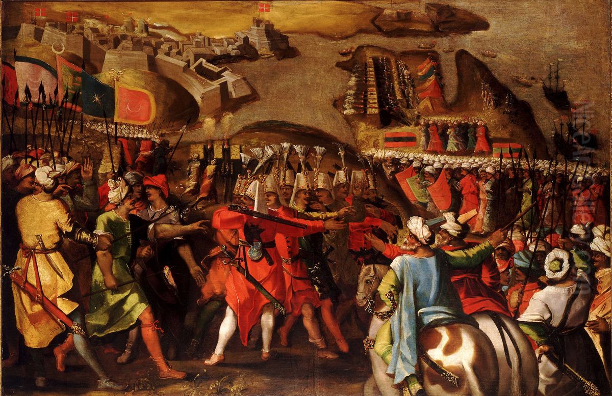 Turkish Bombardment of Birgu, 6 July 1565 Oil Painting by Matteo Perez d'Aleccio