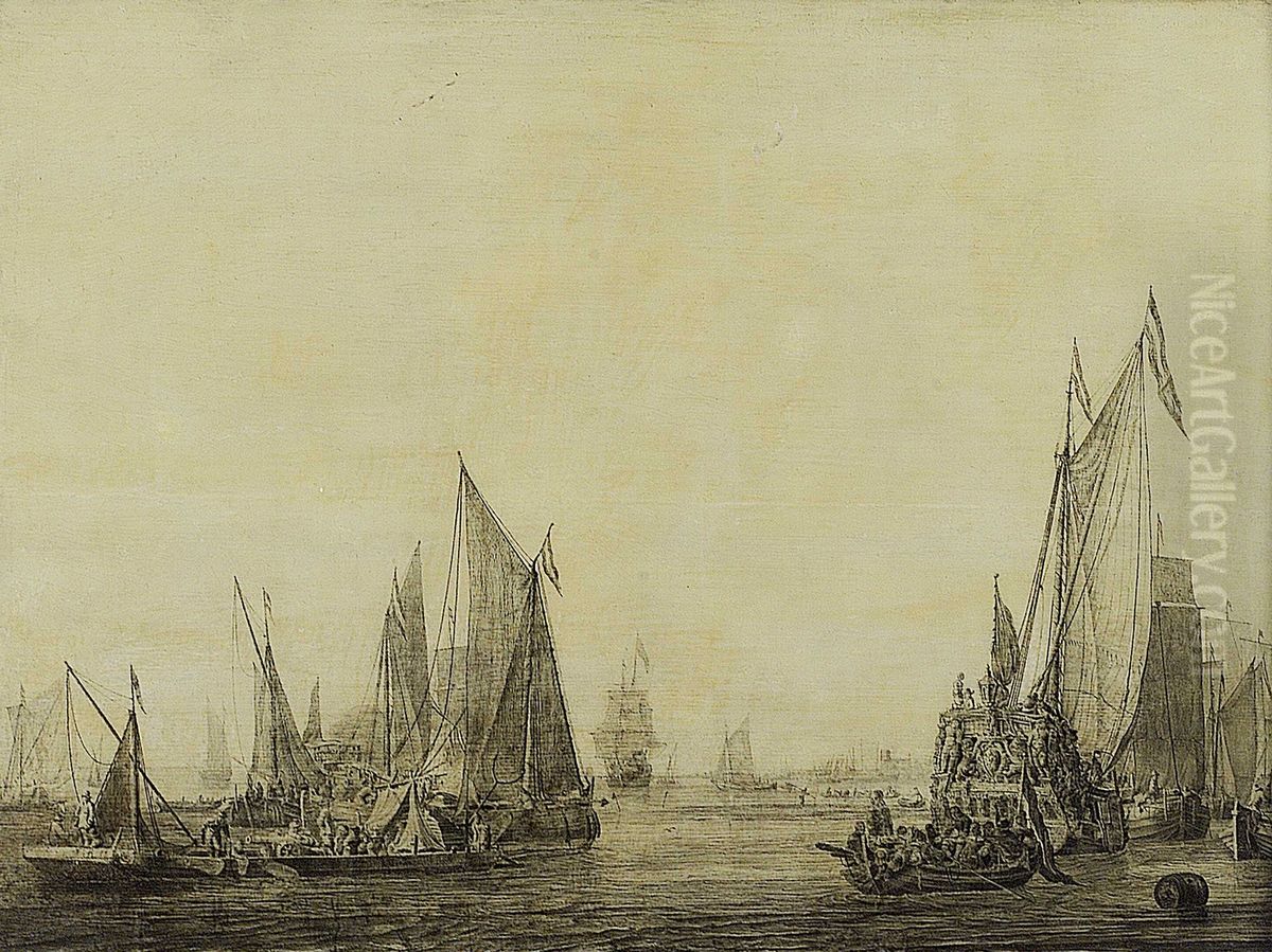 Dutch Shipping in a Harbour Oil Painting by Ludolf Bakhuizen