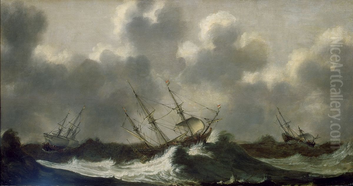 Ships in a gale Oil Painting by Claes Claesz. Wou