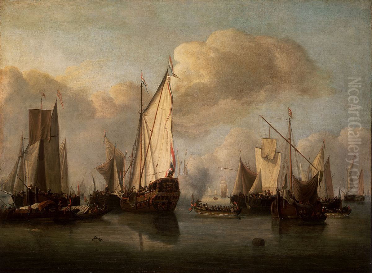a States yacht and many other vessels in a light air Oil Painting by Willem van de Velde the Younger