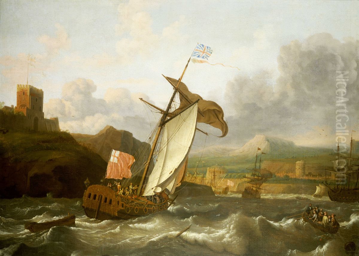 An English yacht sailing into an imagined British harbour Oil Painting by Ludolf Bakhuizen