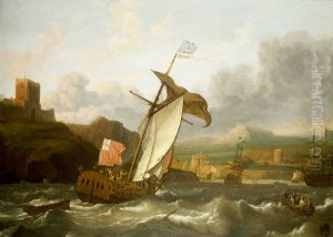 An English yacht sailing into an imagined British harbour
