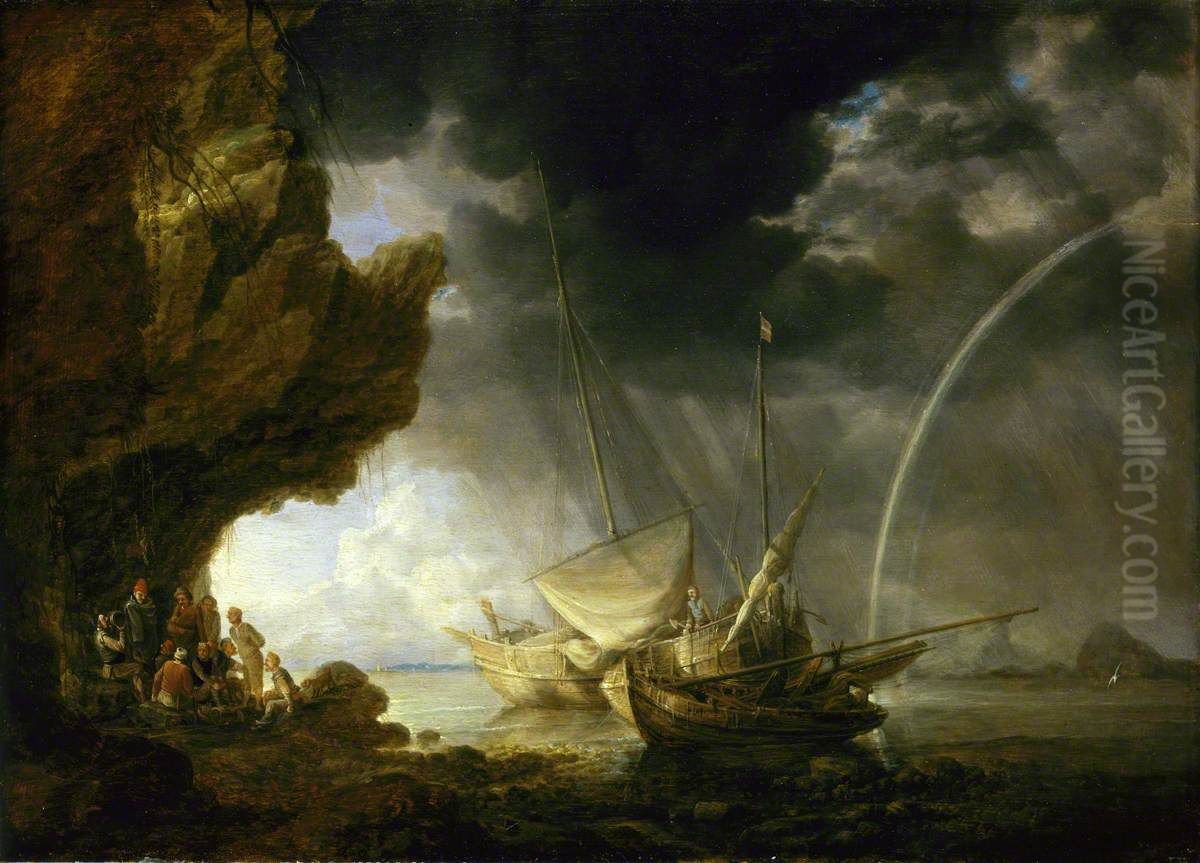 Seascape with Sailors Sheltering from a Rainstorm Oil Painting by Bonaventura Peeters the Elder