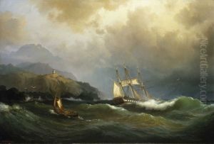 A frigate clawing off a rocky coast