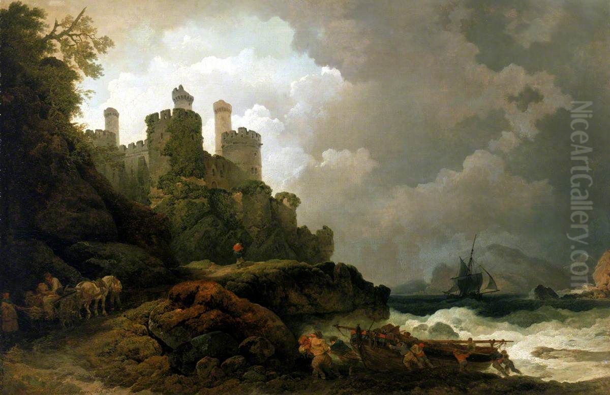 A fishing boat brought ashore near Conway Castle Oil Painting by Philip James de Loutherbourg