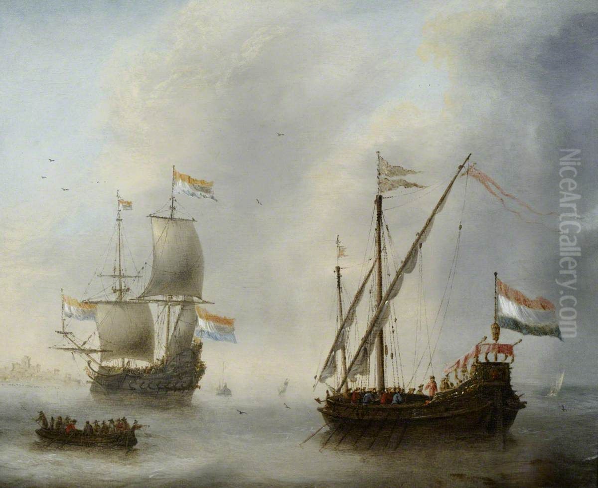 A Galley and a Man-of-War Oil Painting by Jacob Adriaensz Bellevois