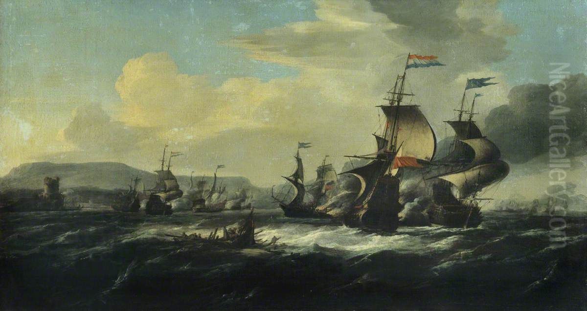 A battle between the Dutch and Barbary pirates near the coast Oil Painting by Hendrik van Minderhout