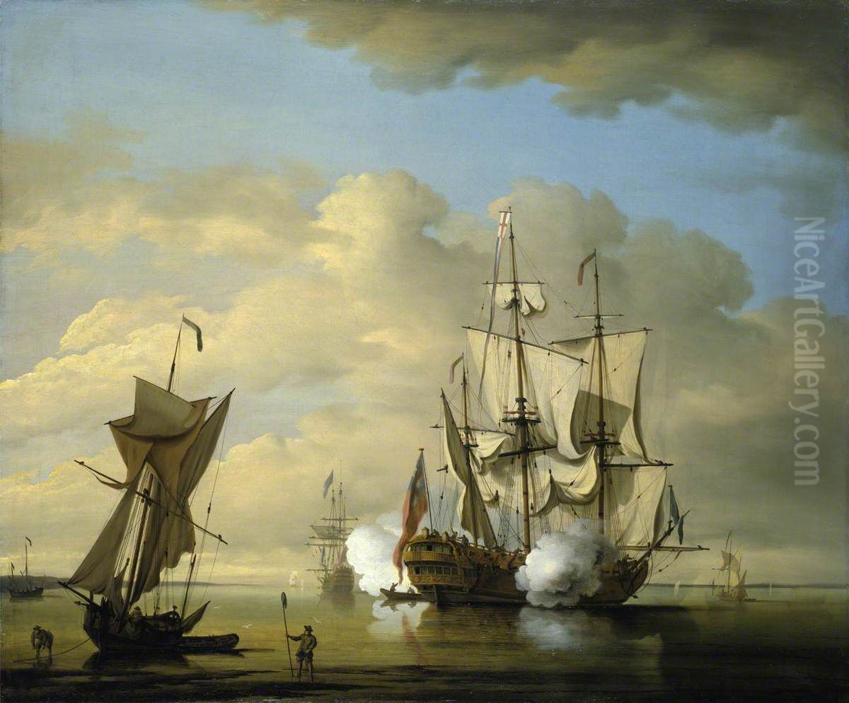 A Man-of-War Firing a Gun at Sundown Oil Painting by Peter Monamy