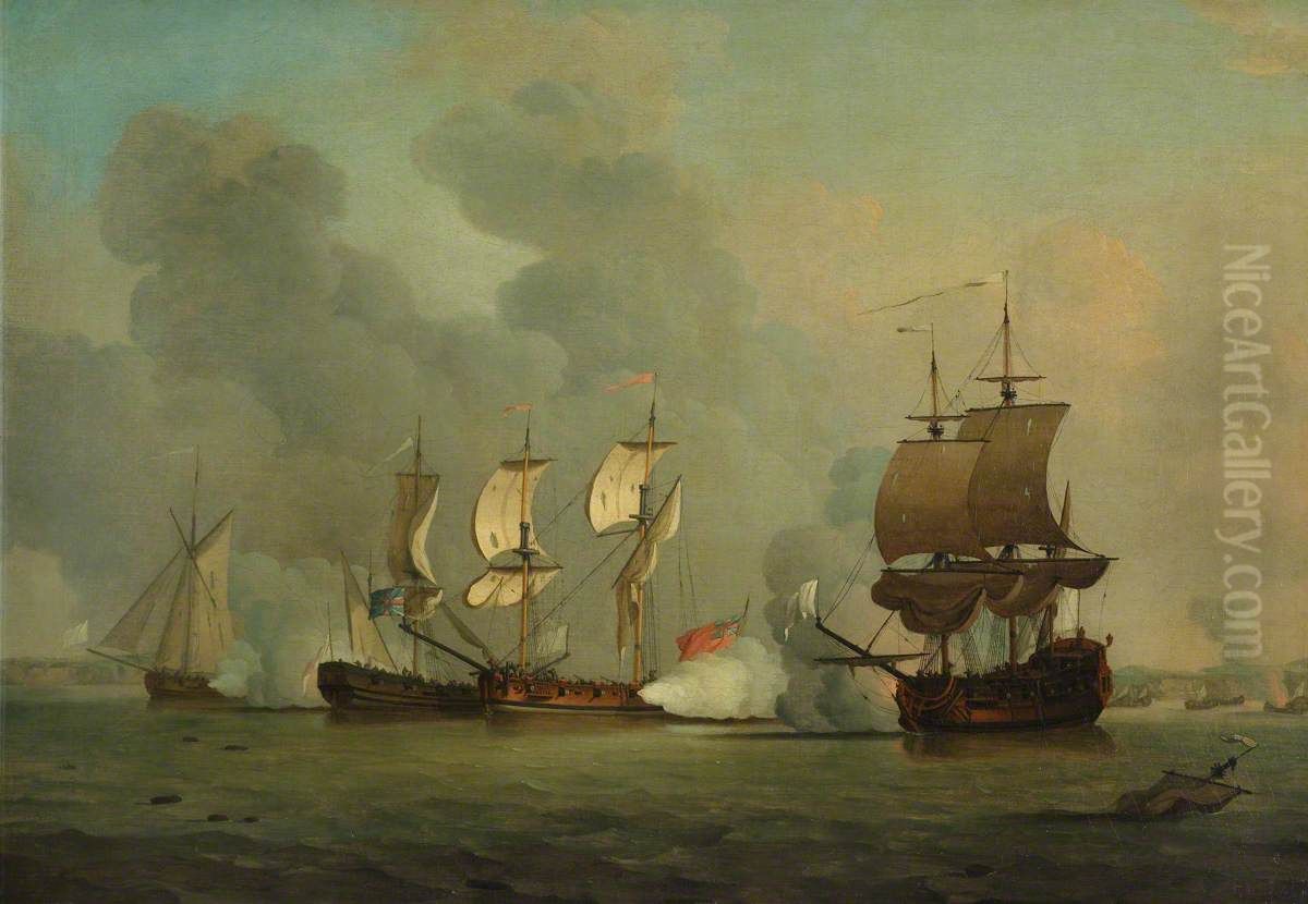 An English privateer engaging a French privateer Oil Painting by Samuel Scott
