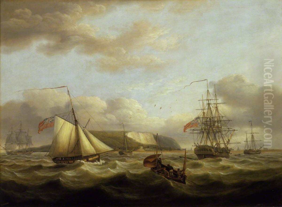 A Cutter Passing Astern of a Frigate Oil Painting by Thomas Luny
