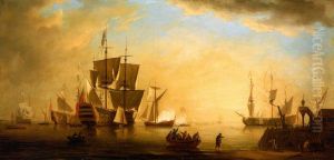 An English Flagship and Other Vessels Becalmed at Sun Down