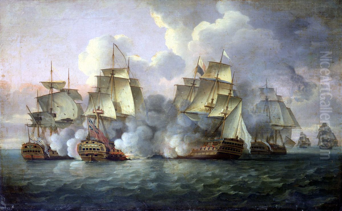 HMS 'Mediator' engaging French and American vessels, 11-12 December 1782 Oil Painting by Thomas Luny