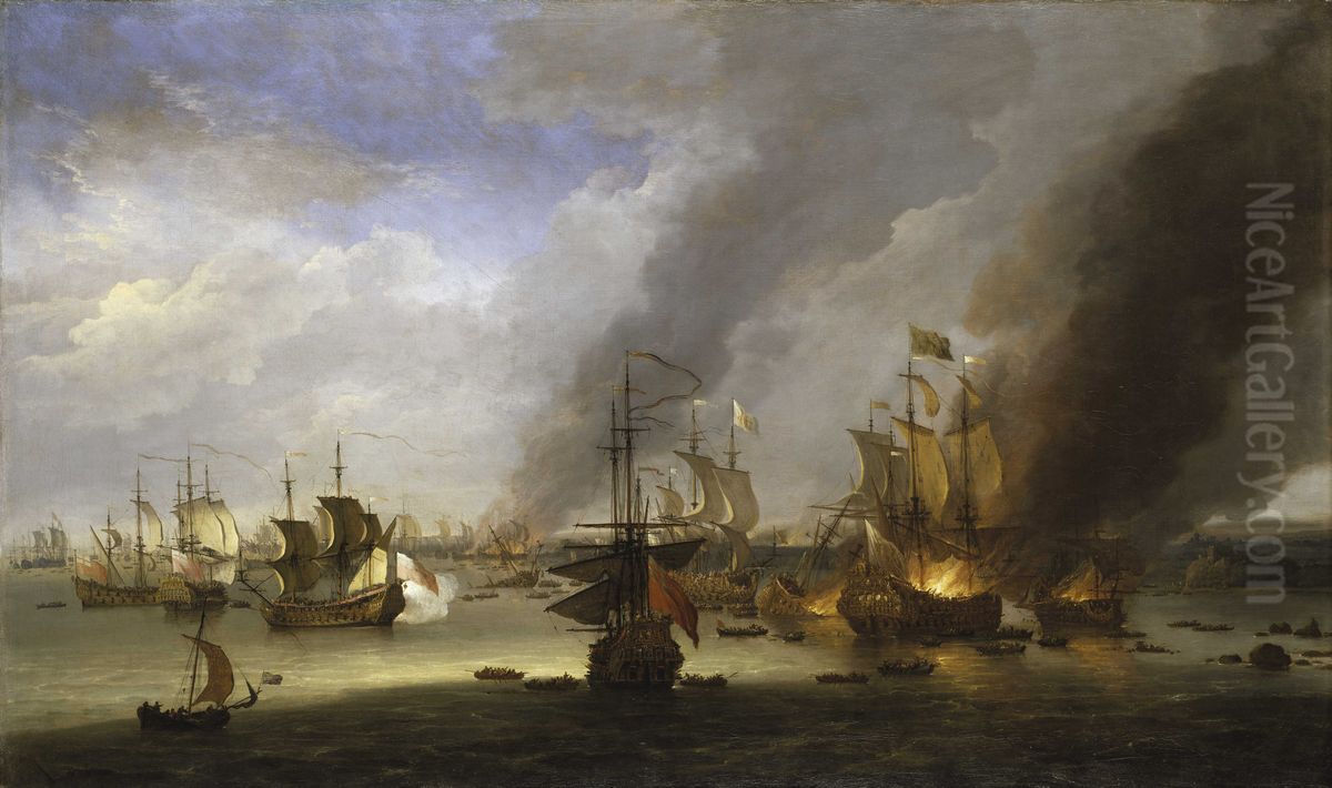 Destruction of the Soleil Royal at the Battle of La Hogue, 23 May 1692 Oil Painting by Adriaen Van Diest
