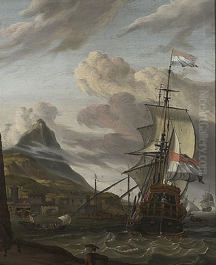 A Dutch Ship Entering a Mediterranean Port Oil Painting by Abraham Storck