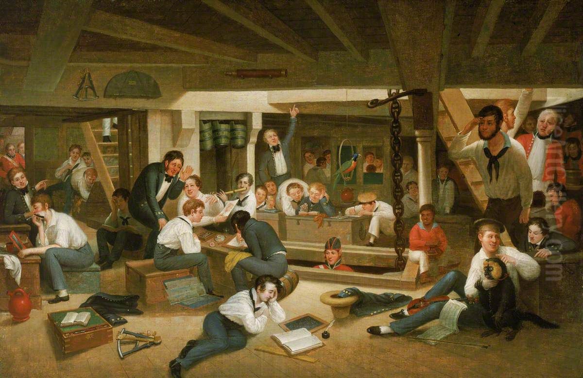 Life on the ocean, representing the usual occupations of the young officers in the steerage of a British frigate at sea Oil Painting by Augustus Earle