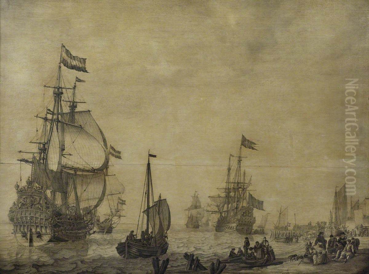 Dutch flagship near the shore with a Swedish ship in the background Oil Painting by Willem van de, the Elder Velde