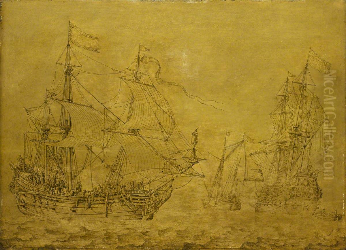 Two merchant ships under sail in a moderate breeze Oil Painting by Willem van de, the Elder Velde