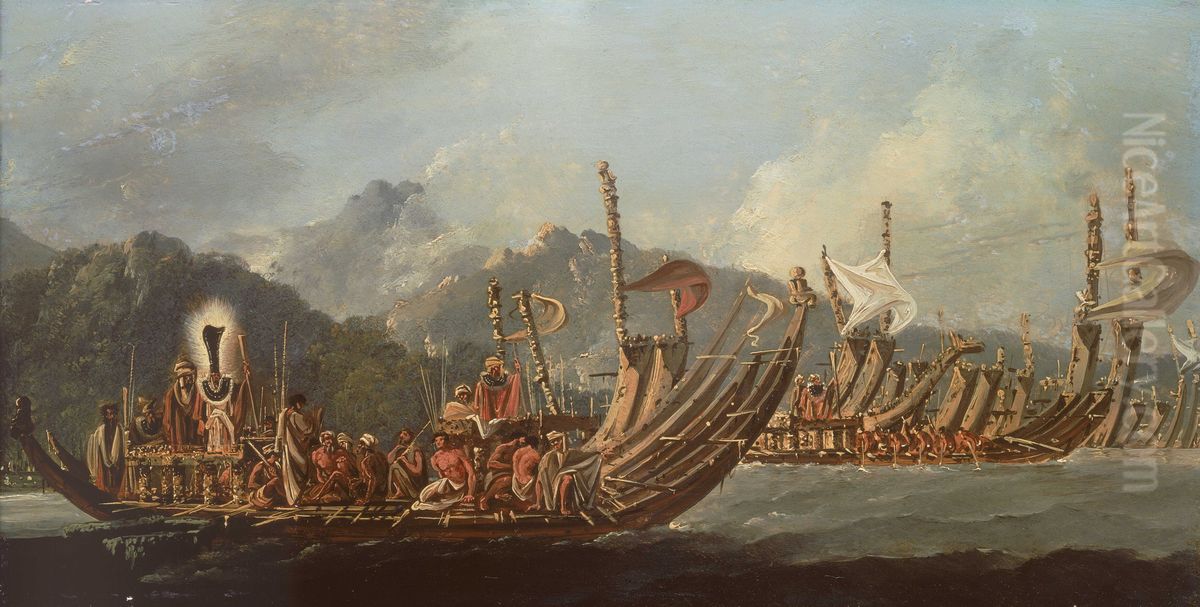 Review of the war galleys at Tahiti ['The Fleet of Otaheite assembled at Oparee'] Oil Painting by William Hodges
