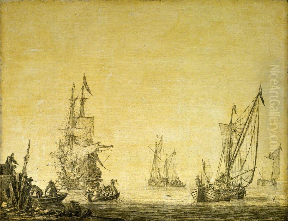 a kaag sailing out from the end of a pier Oil Painting by Willem van de, the Elder Velde