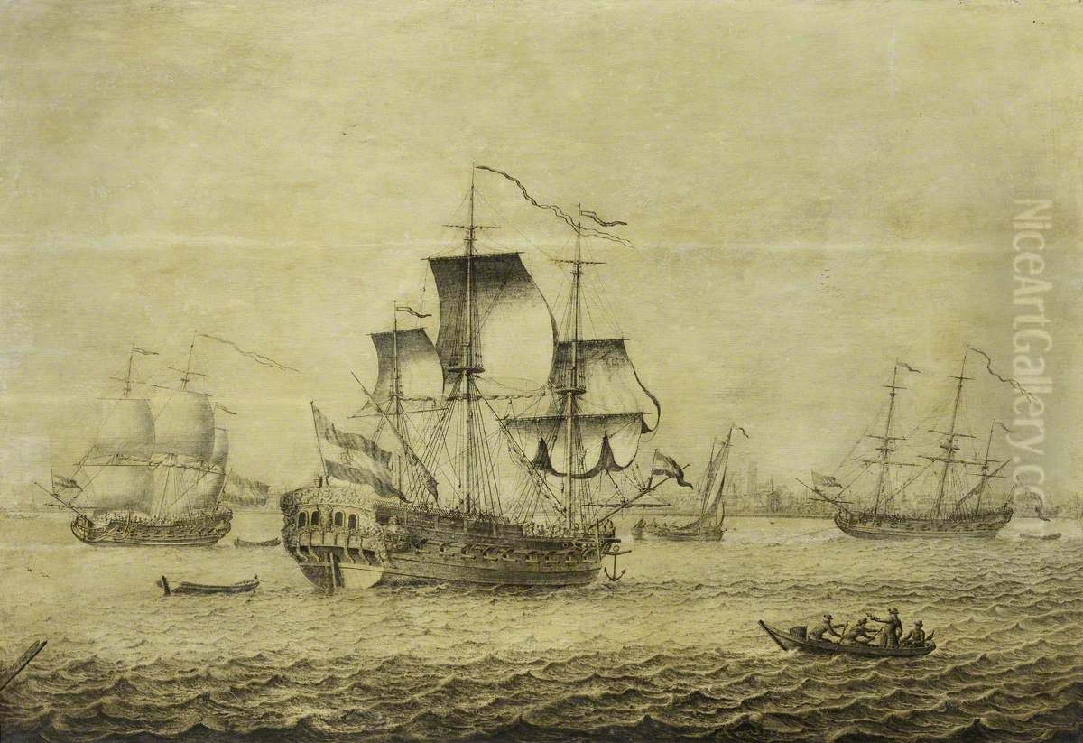 A Dutch frigate off Rotterdam Oil Painting by Adriaen Van Salm