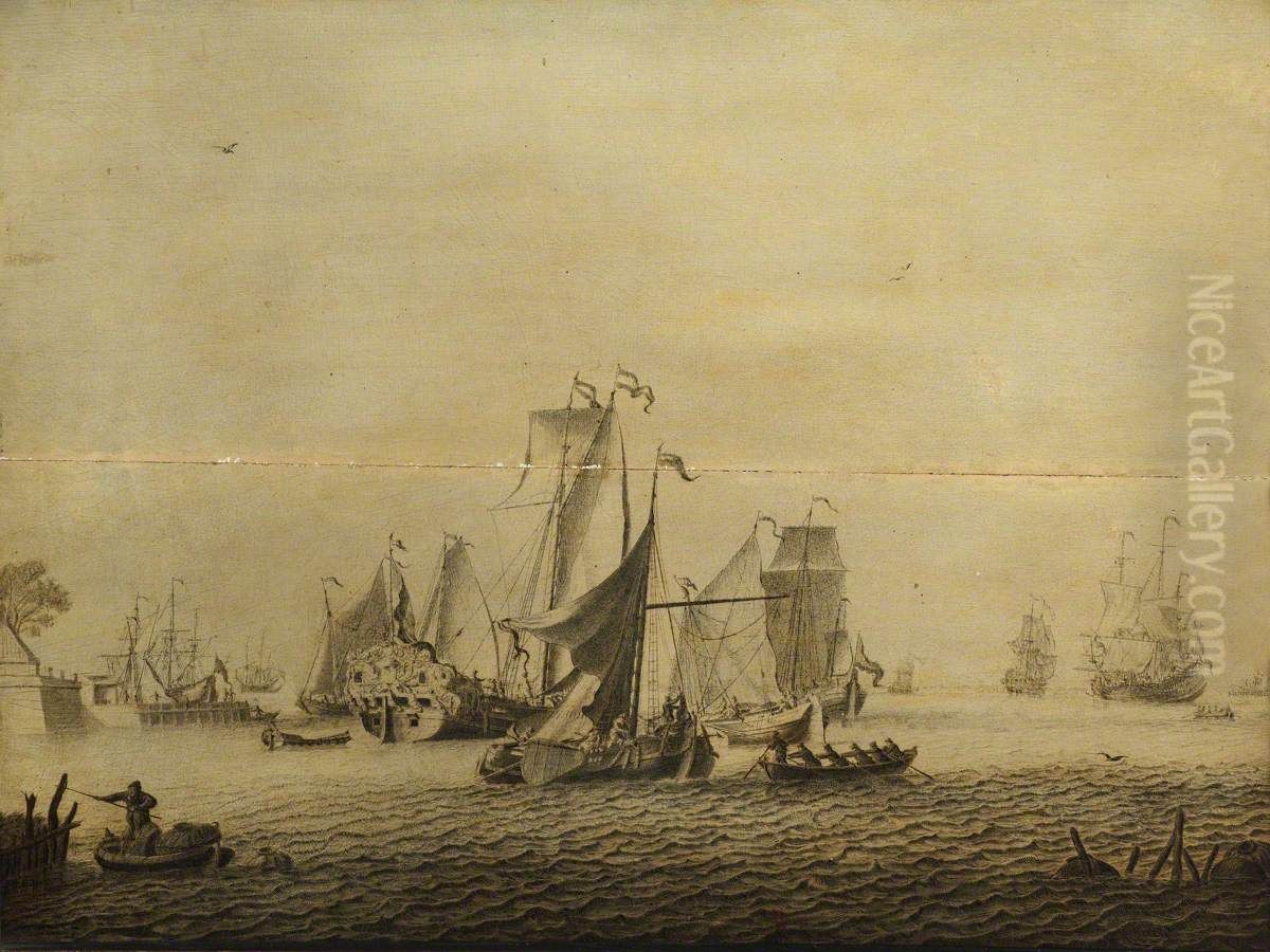 Small Craft in a Dutch Harbour Oil Painting by Adriaen Van Salm