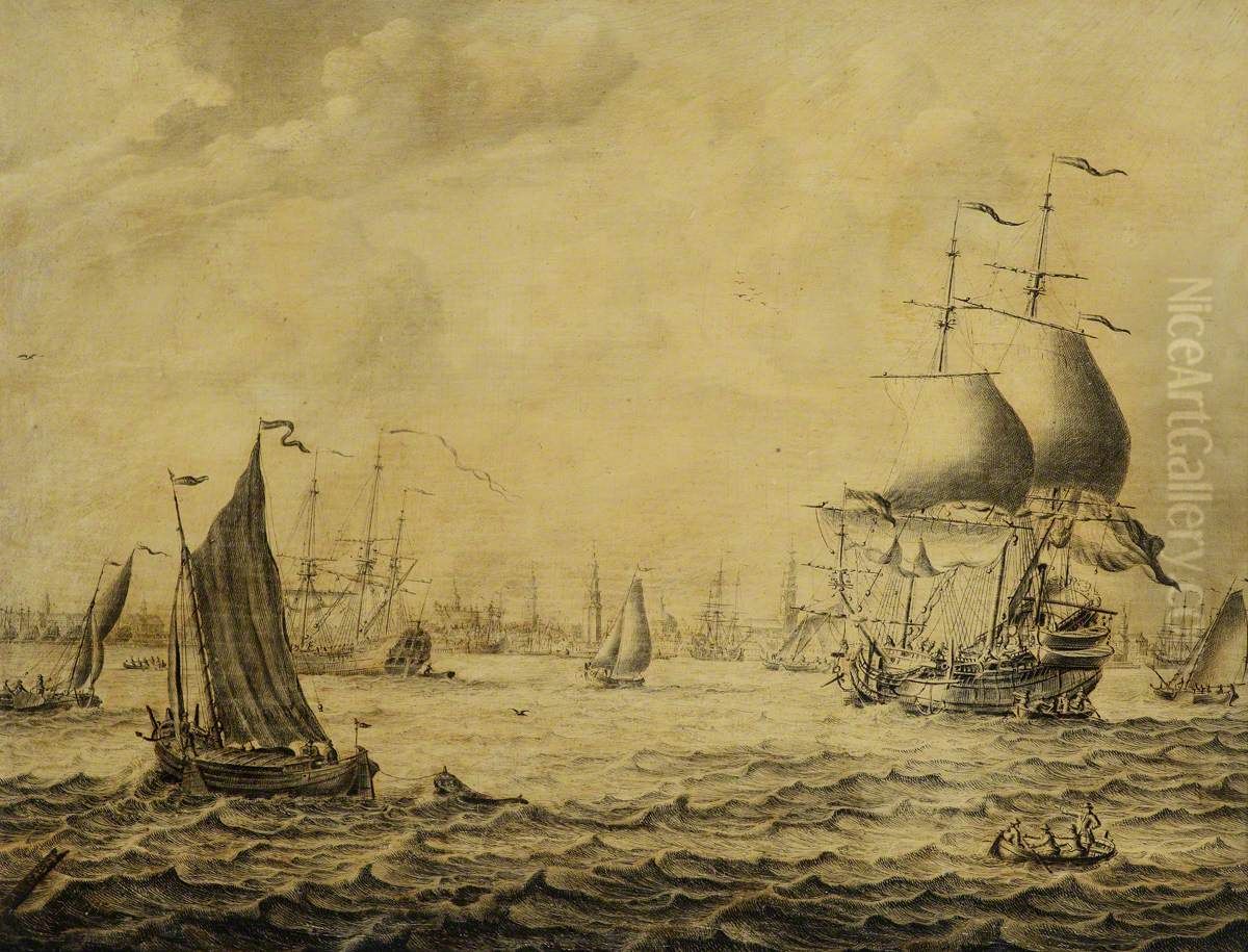 Dutch merchantmen and small craft in a roadstead Oil Painting by Adriaen Van Salm