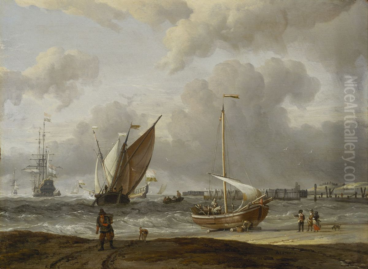 Fishing Boats in a Storm off the Dutch Coast at Den Helder Oil Painting by Abraham Storck