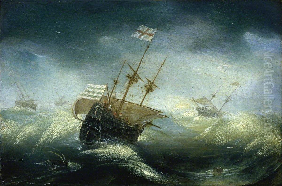 English Ships in a Rough Sea Oil Painting by Jan Porcellis