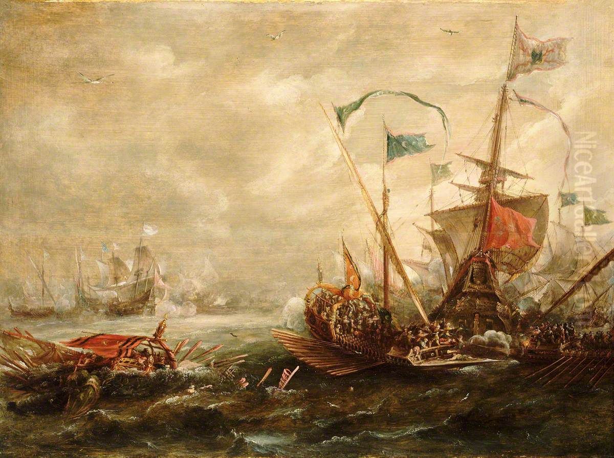 Spanish engagement with Barbary pirates Oil Painting by Andries Van Eertvelt