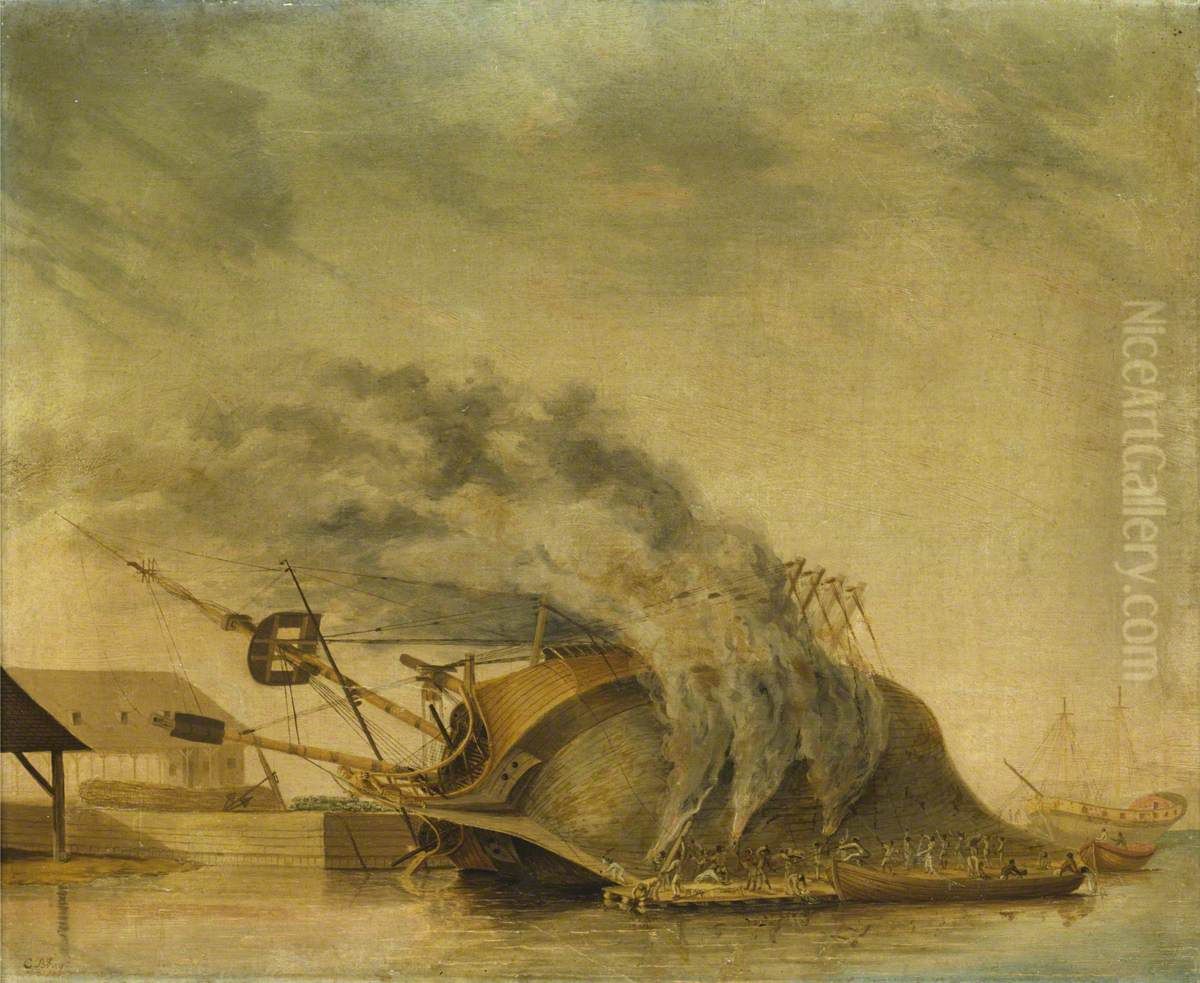 A Ship Hove Down and Burning Off Oil Painting by Gabriel Bray