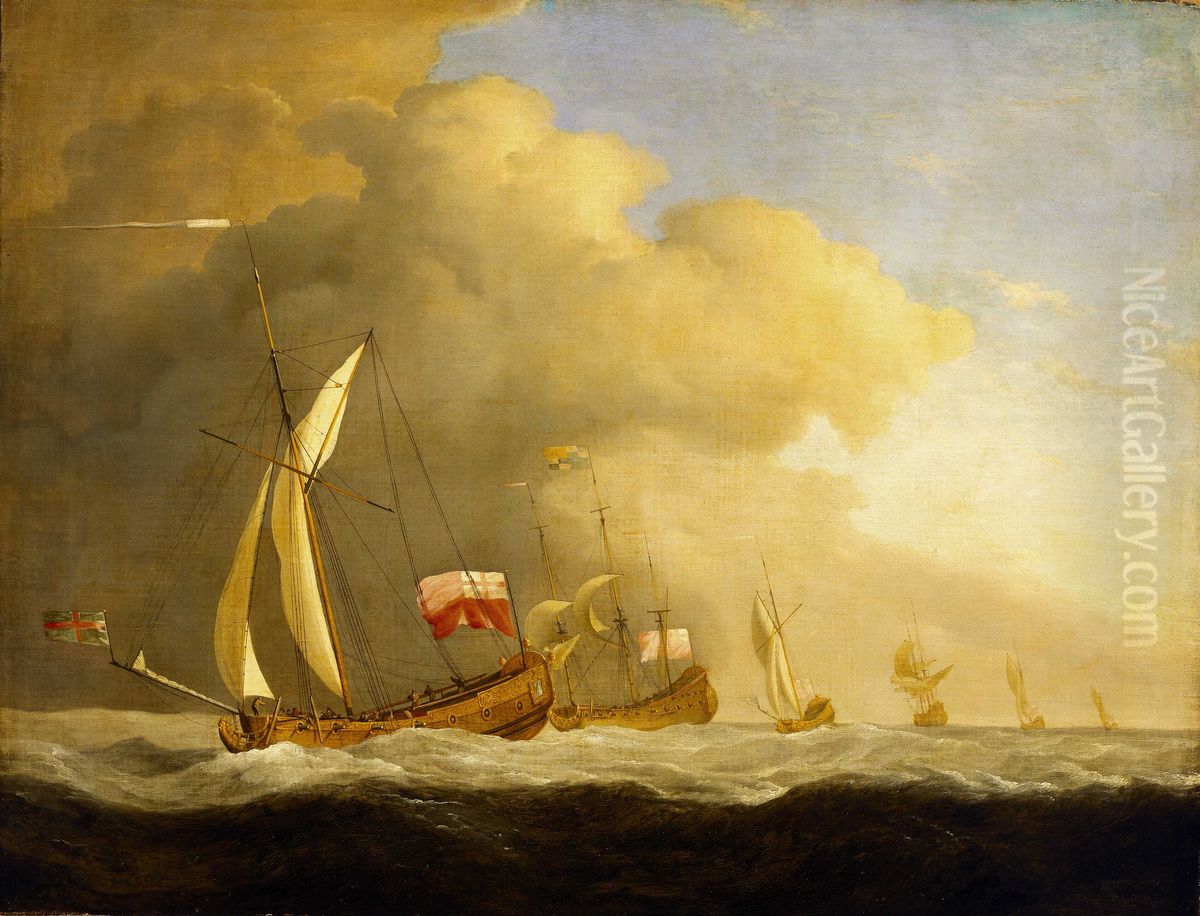 English Royal Yachts at Sea, in a Strong Wind in Company with a Ship Flying the Royal Standard Oil Painting by Willem van de Velde the Younger