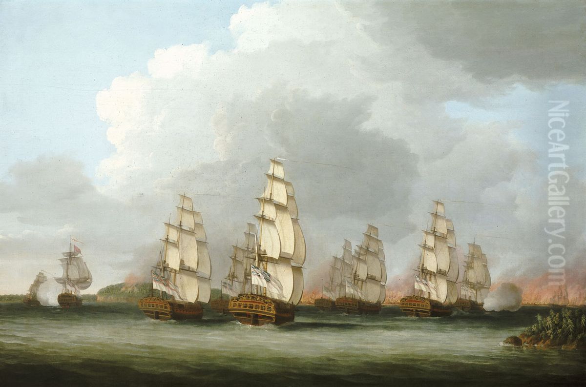 Destruction of the American Fleet at Penobscot Bay, 14 August 1779 Oil Painting by Dominic Serres