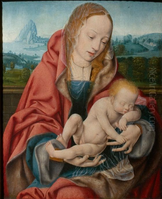 Virgin with the sleeping christ child Oil Painting by Joos Van Cleve