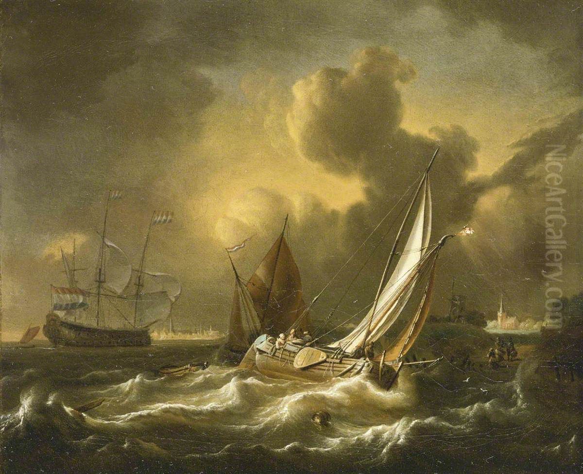 A Fishing Boat and other Vessels in a Squall Oil Painting by Hendrik Rietschoof