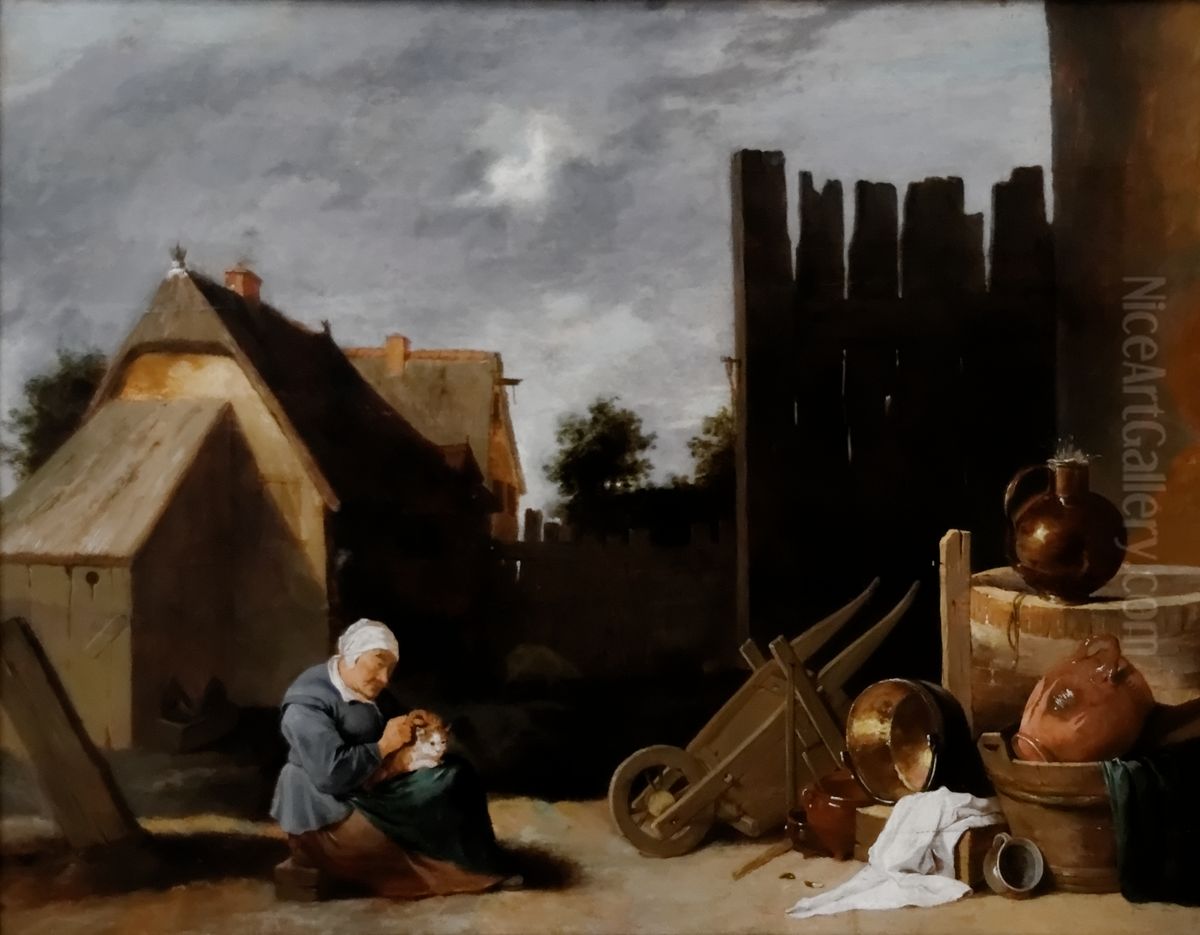 Peasant Court with an Old Woman and a Cat Oil Painting by David Teniers the Younger