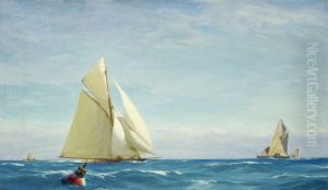 A Large Sloop Yacht and a Barge
