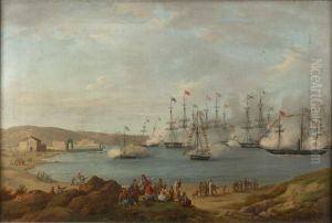 The international squadron carrying Prince Otto of Bavaria to become King of Greece firing a salute off Nafplio, February 1833