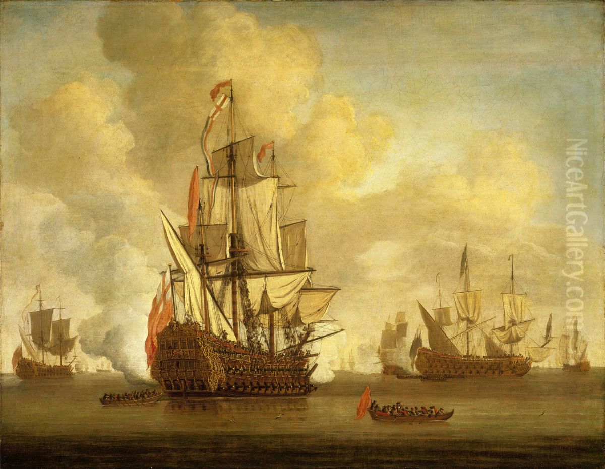 an English two-decker with sails loosed firing a salute Oil Painting by Willem van de, the Elder Velde
