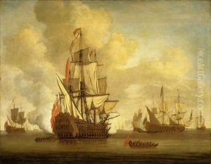 an English two-decker with sails loosed firing a salute