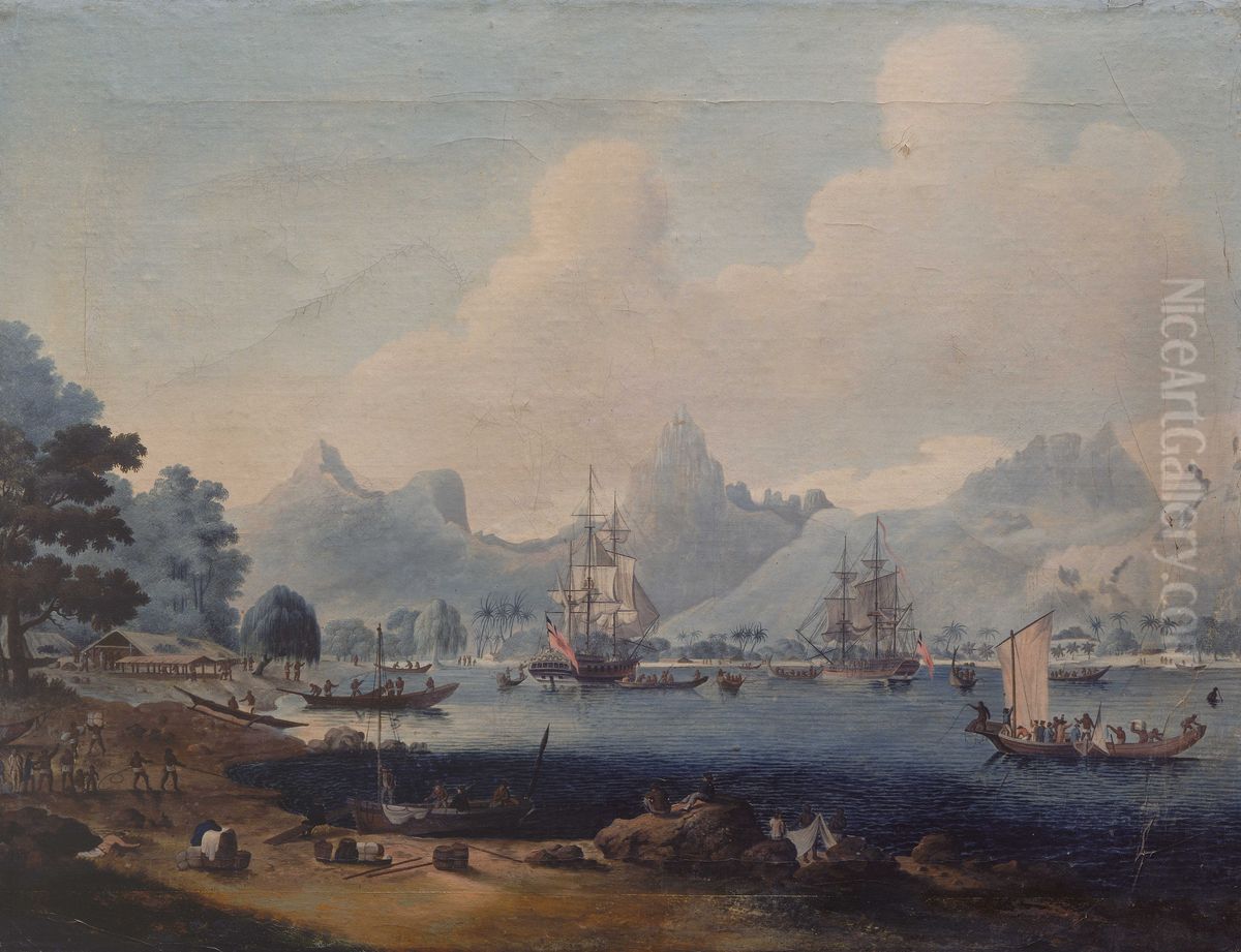 'Resolution' and 'Discovery' at Moorea Oil Painting by John Cleveley the Younger