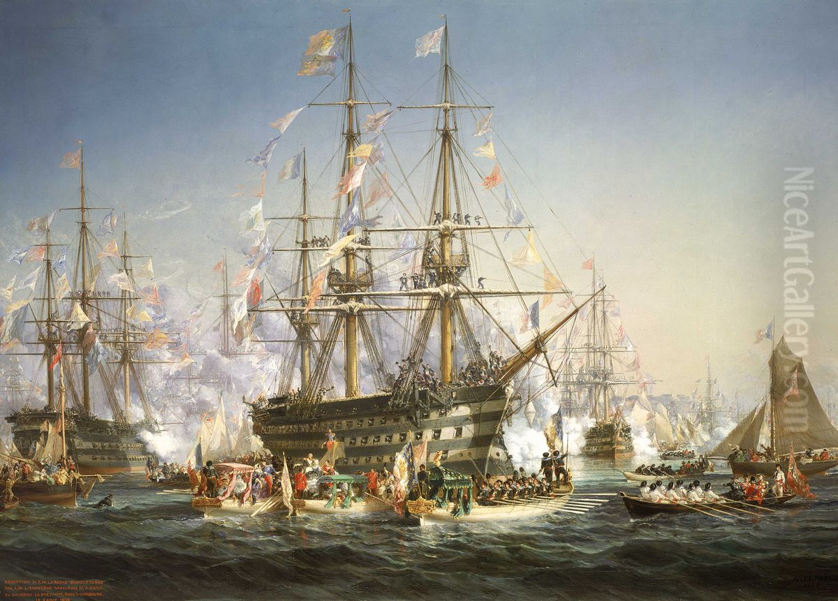 Napoleon III Receiving Queen Victoria at Cherbourg, 5 August 1858 Oil Painting by Jules Achille Noel