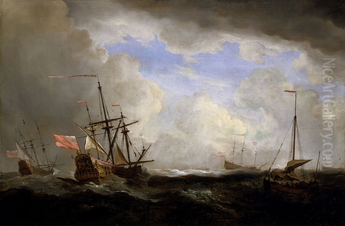 An English ship and a hooker at sea in a gale with other ships Oil Painting by Willem van de Velde the Younger