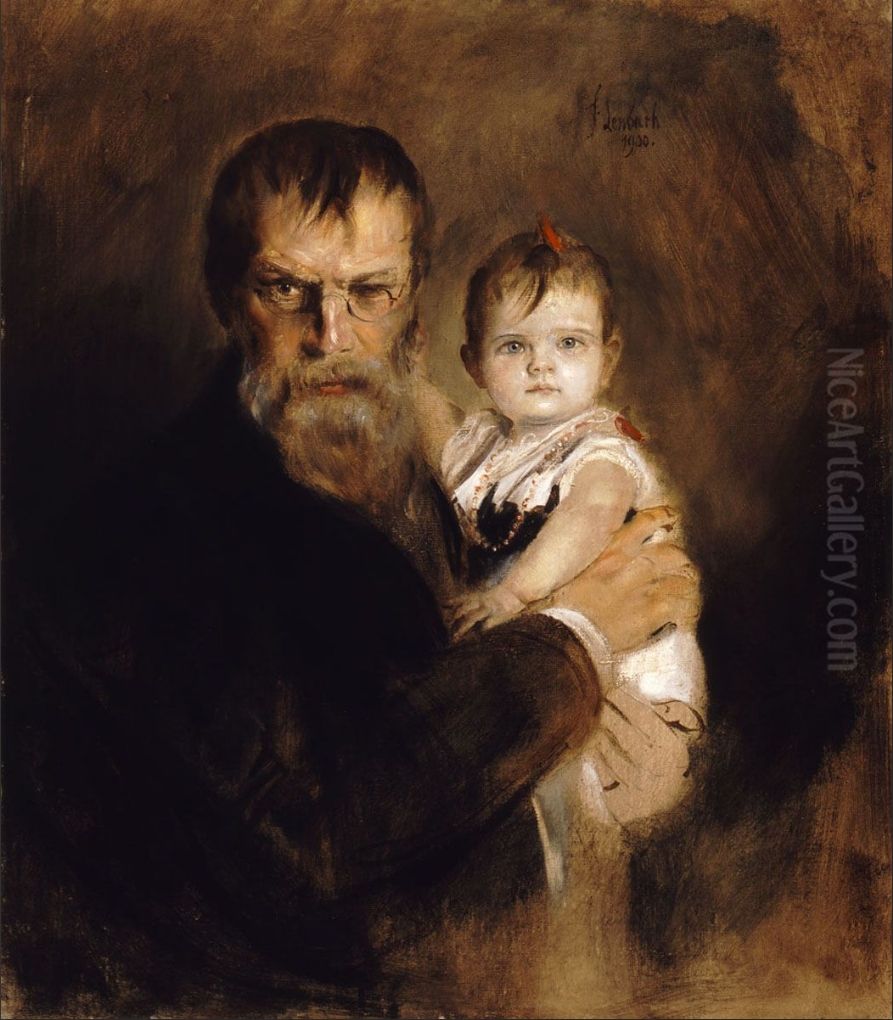 Portrait of master with her daughter Oil Painting by Lenbach Franz Von