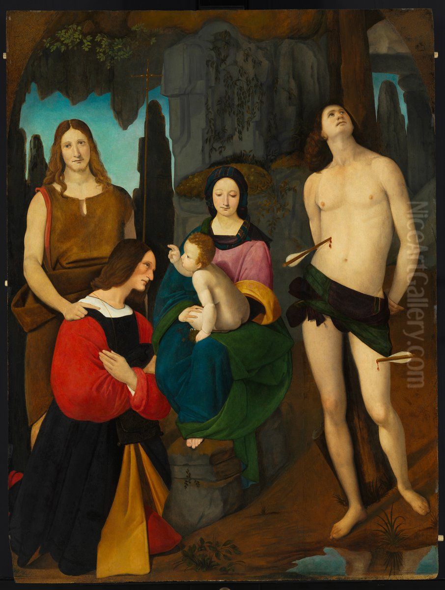 Virgin and Child with Saint John the Baptist, Saint Sebastian and the Donor Bassiano Da Ponte (The Lodi Madonna) Oil Painting by Giovanni Antonio Boltraffio